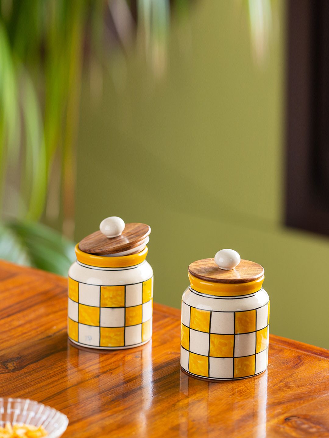 ExclusiveLane Set Of 2 Yellow & Off-White Hand Painted Multi Purpose Kitchen Canisters Price in India