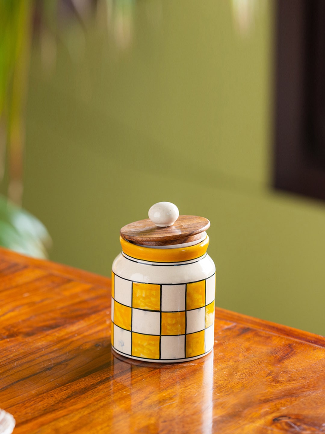 ExclusiveLane Yellow & White Hand-Painted Ceramic Canister Price in India