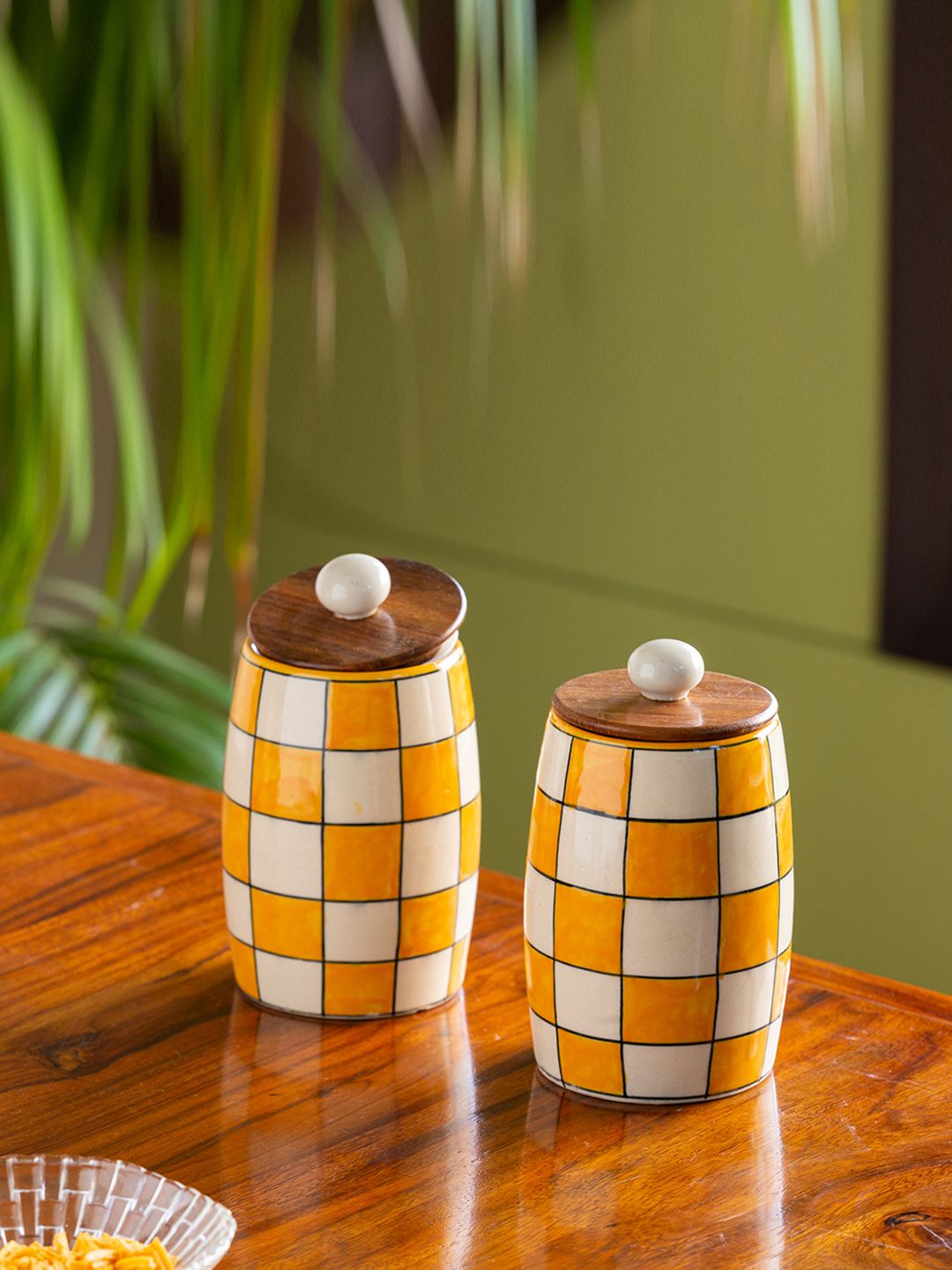 ExclusiveLane Set Of 2 Yellow & Off-White Hand Painted Multi Purpose Canister Price in India