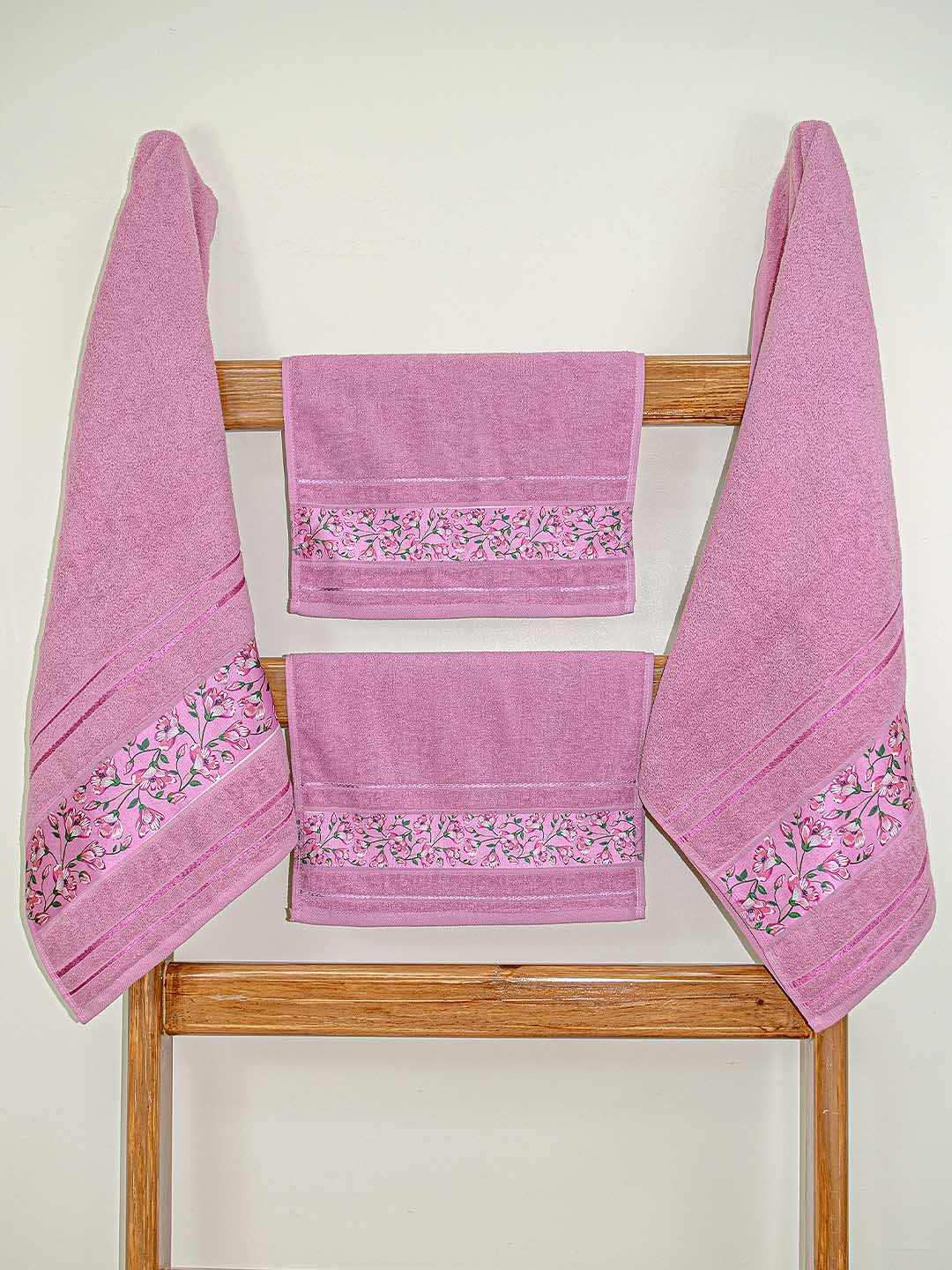 RANGOLI Set Of 4 Pink Floral Printed 450 GSM Towel Set
