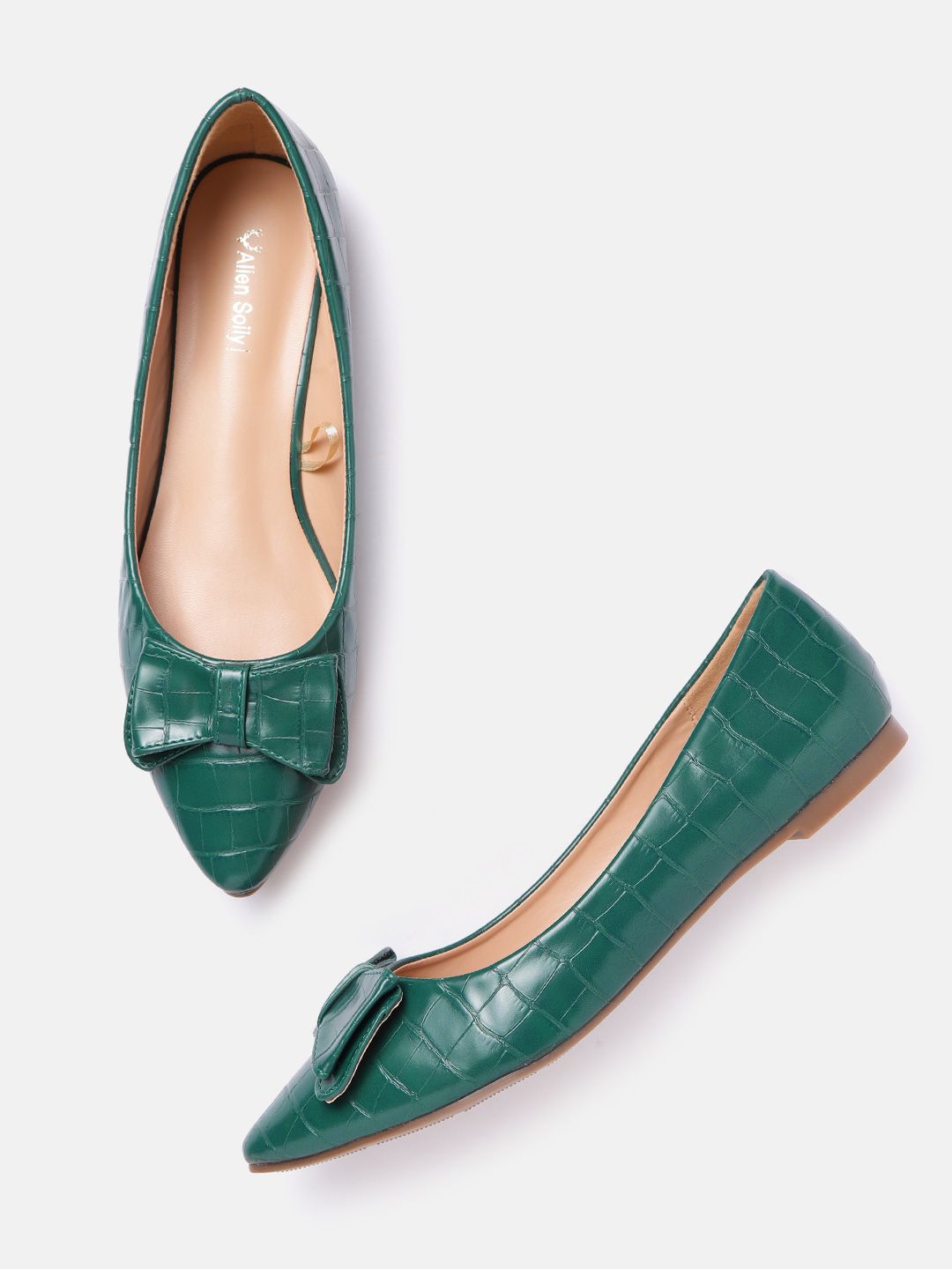 Allen Solly Women Green Croc Textured Ballerinas with Bow Detail