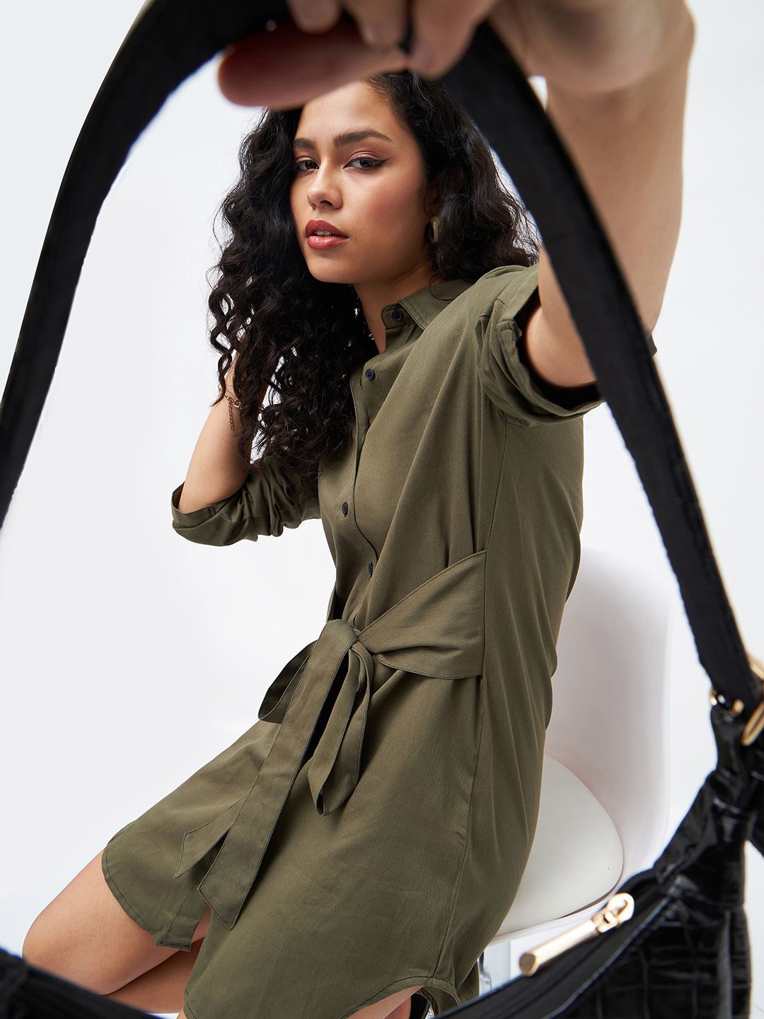 green emerald velvet dress MARY Washed Linen Shirt Dress in Olive main image 0
