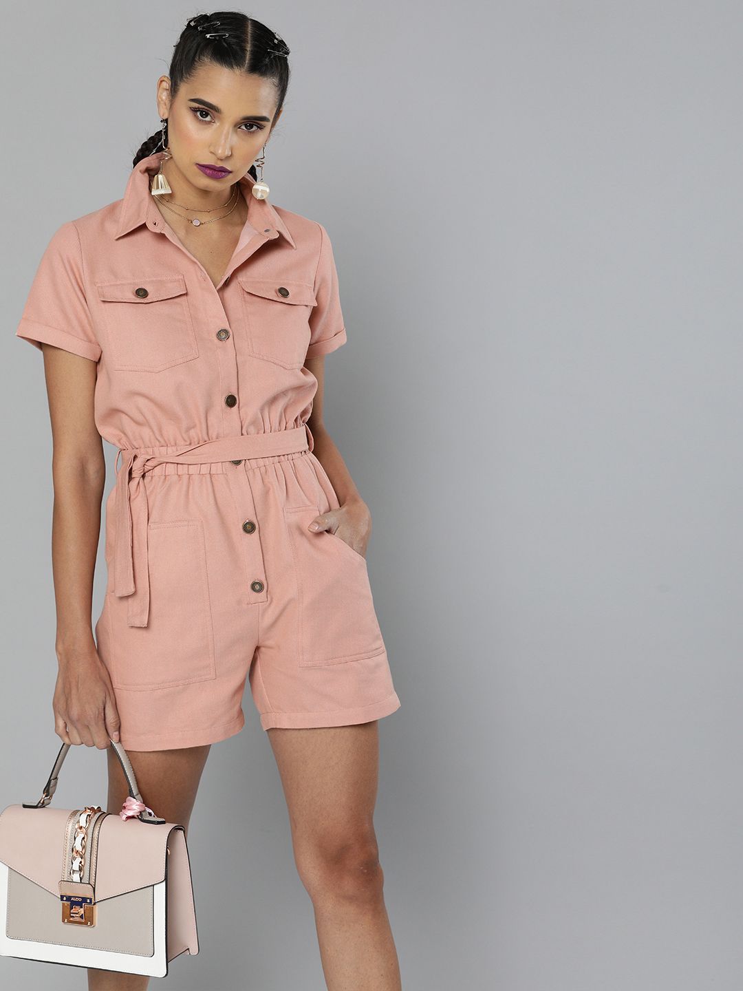 SASSAFRAS Women Pink Solid Pure Cotton Belted Playsuit Price in India