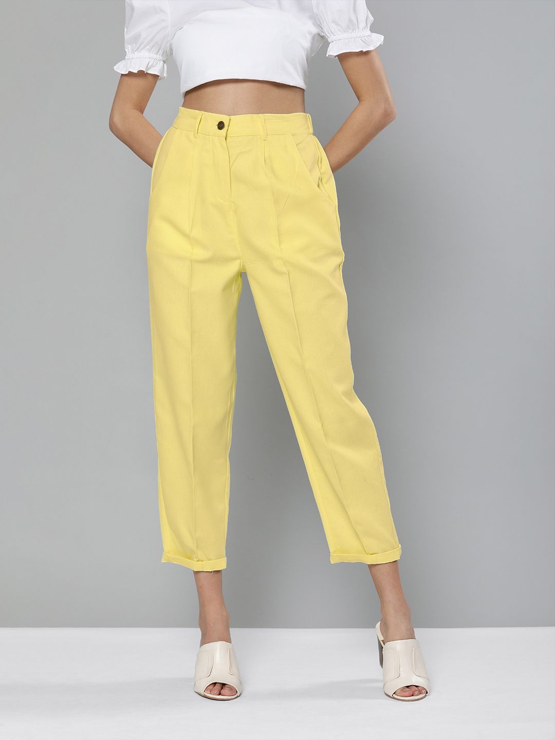 SASSAFRAS Women Yellow Regular Cropped Tapered Pure Cotton Trousers Price in India