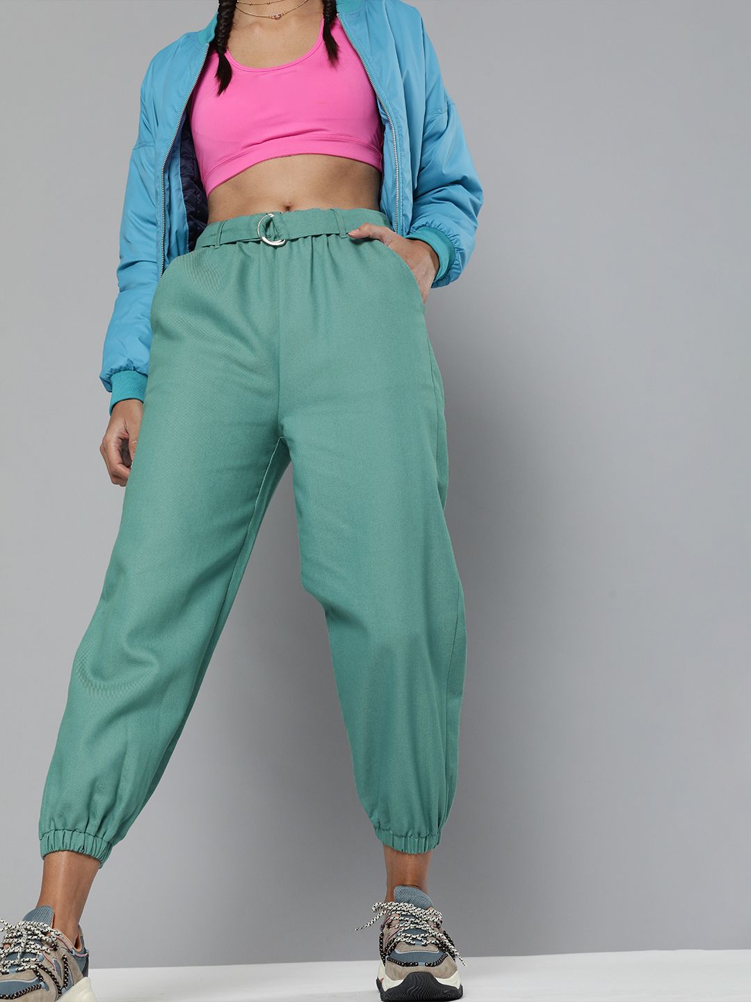 SASSAFRAS Women Sea Green Regular Fit Pure Cotton Solid Belted Joggers Price in India