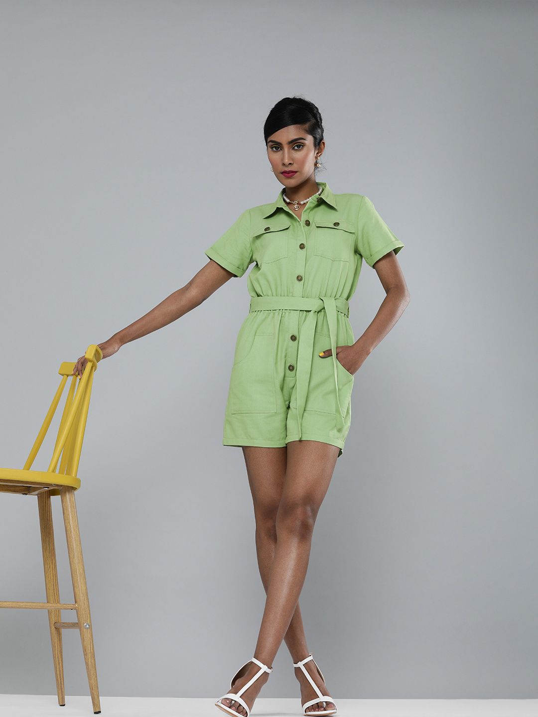 SASSAFRAS Women Green Pure Cotton Solid Playsuit with Belt Price in India
