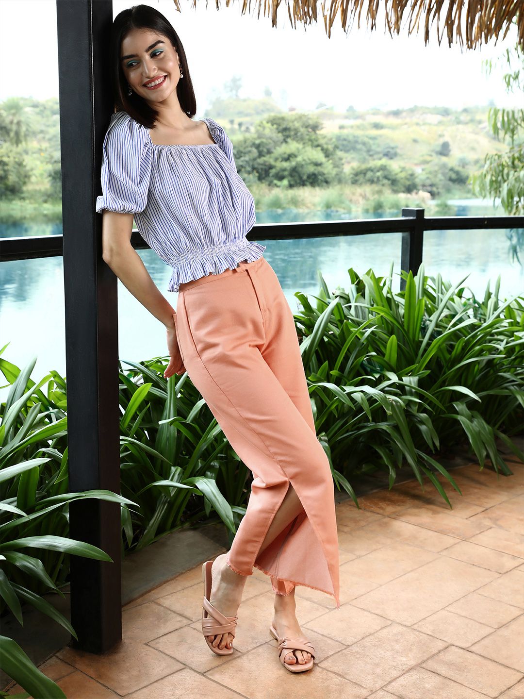 SASSAFRAS Women Peach-Coloured Cotton Side Slits Parallel Trousers Price in India