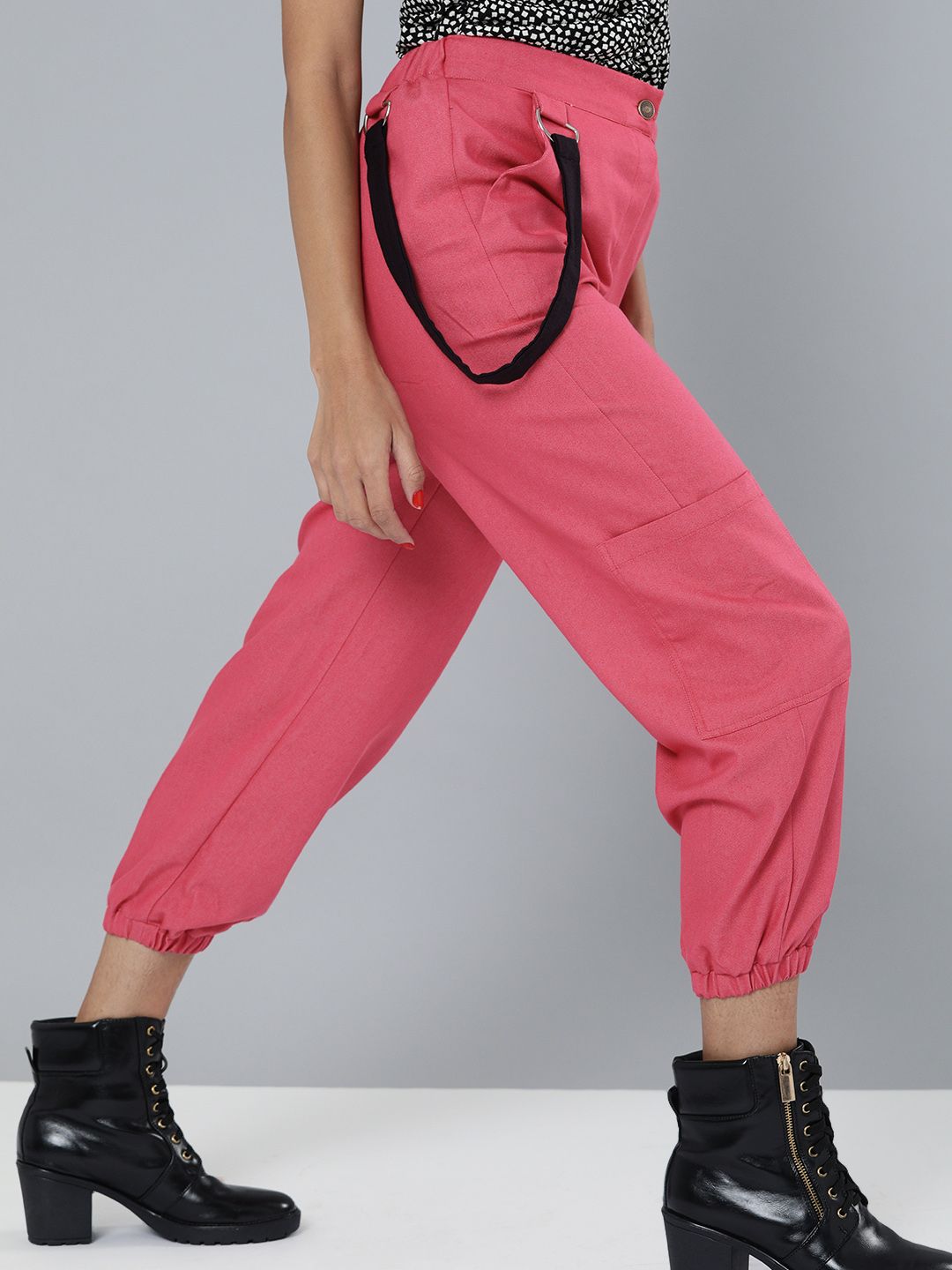 SASSAFRAS Women Pink Cotton Solid Hip-Hop Cropped Cargos Joggers Price in India