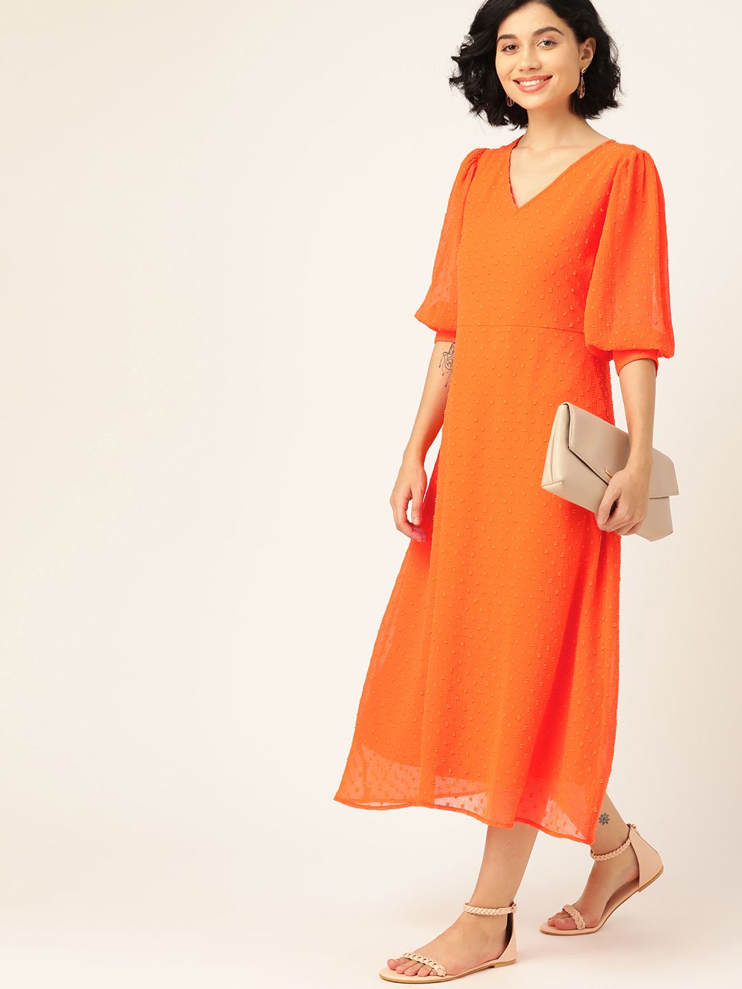 DressBerry Women Orange Self Design Dobby Weave A-Line Dress