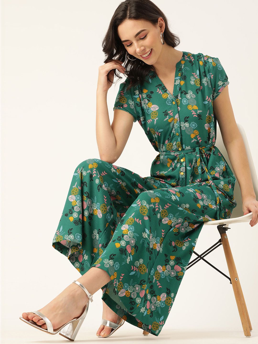 DressBerry Women Green & Pink Printed Basic Jumpsuit with Belt Price in India
