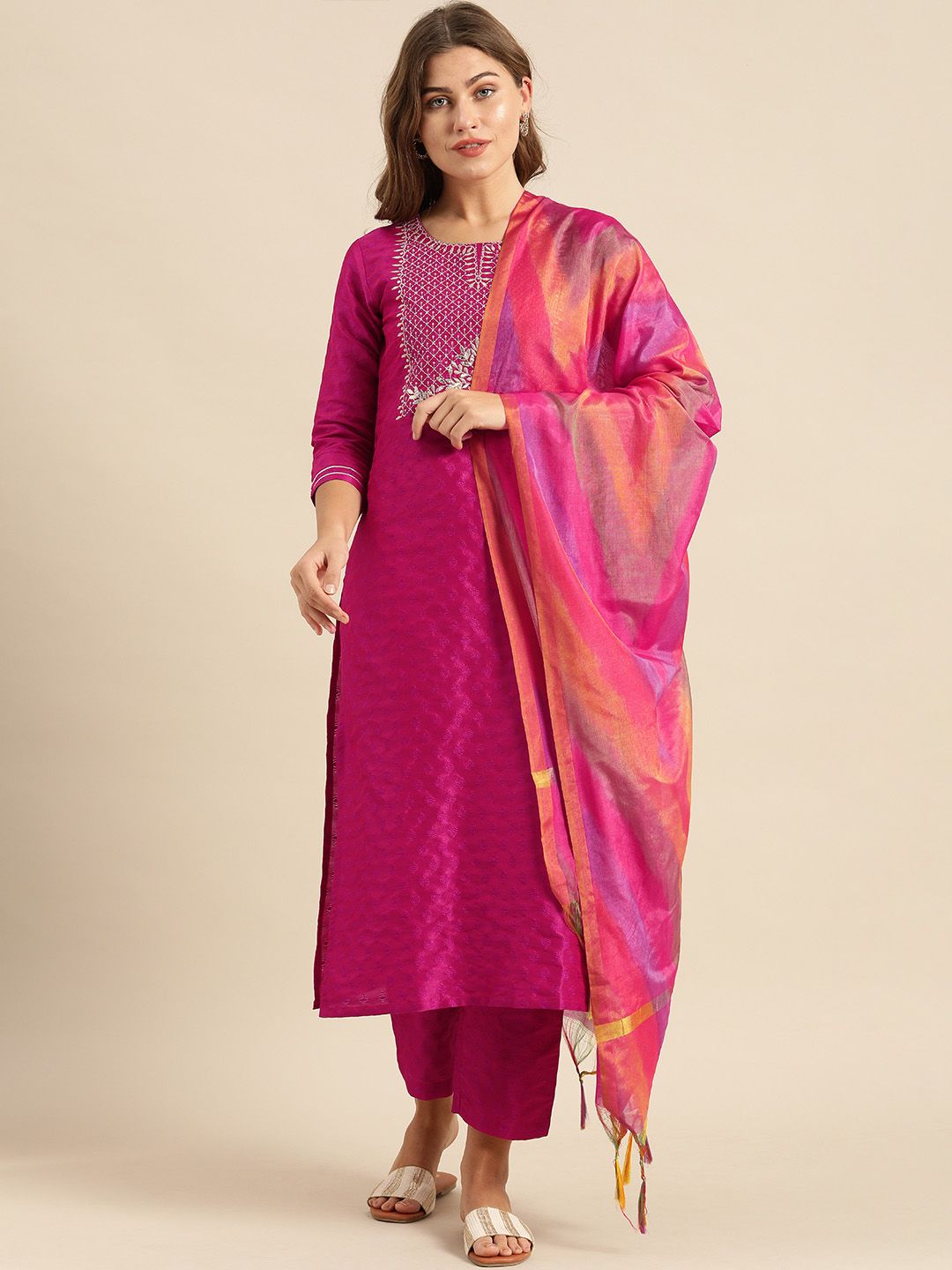 Varanga Women Magenta & Gold-Toned Embroidered Kurta with Trousers & Dupatta Price in India