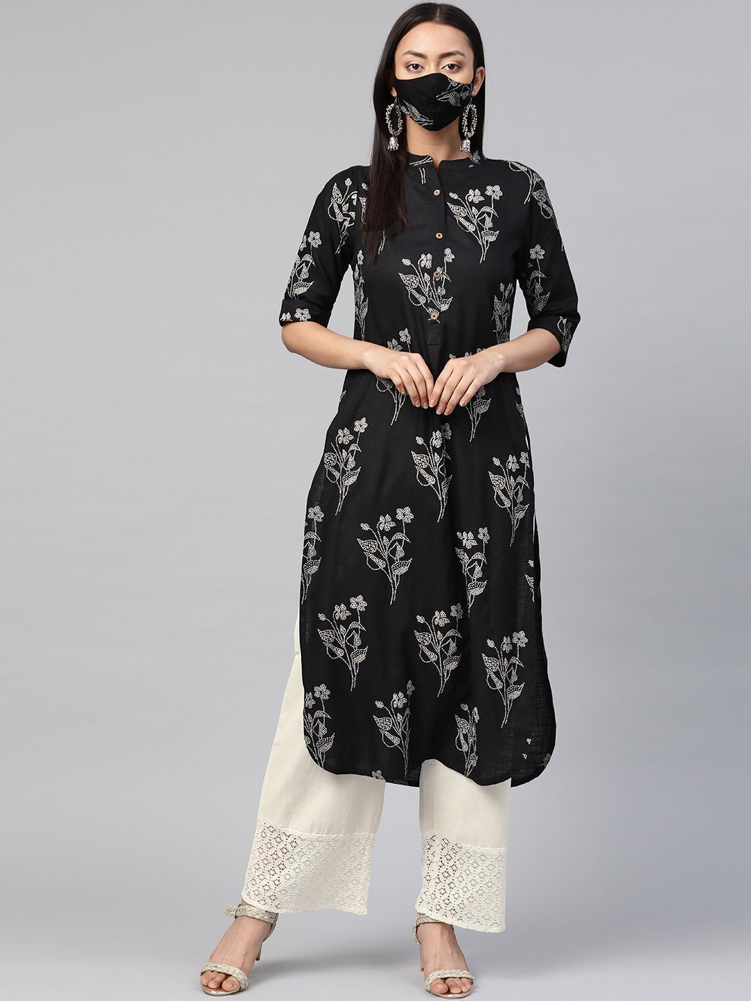 Juniper Women Black  Golden Bandhani Print Kurta Price in India