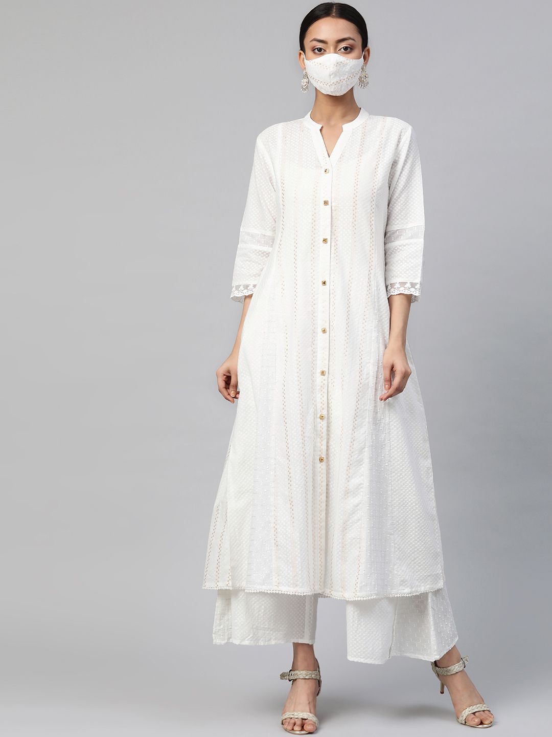 Juniper Women White  Beige Dobby Weave Cotton A-Line Kurta  Scrunchie Price in India