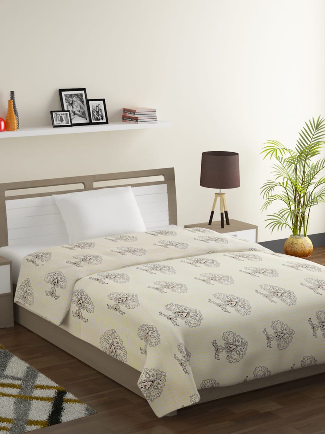 SWAYAM Yellow & Beige Ethnic Motifs Mild Winter 150 GSM Single Bed Comforter Price in India