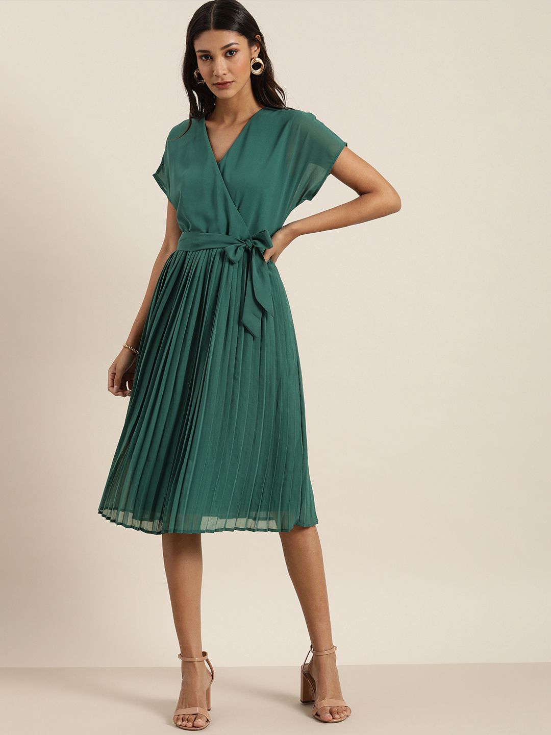 all about you Women Green Solid Accordion Pleated Wrap Dress Price in India