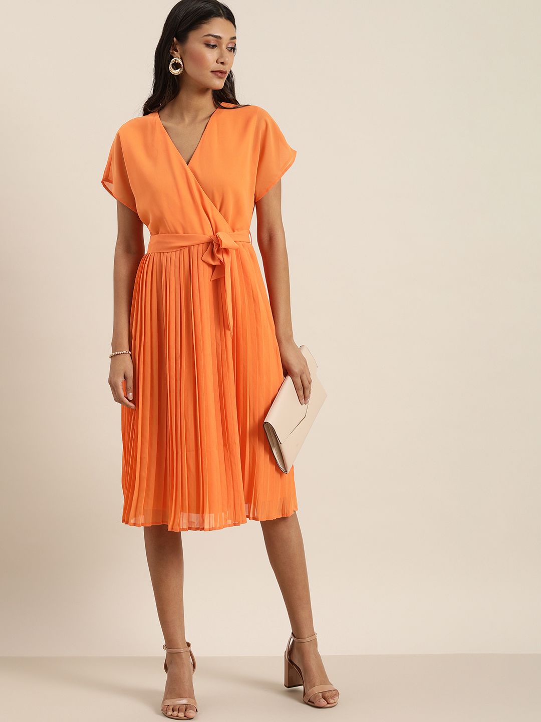 all about you Women Coral Orange Solid Accordion Pleated Wrap Dress Price in India