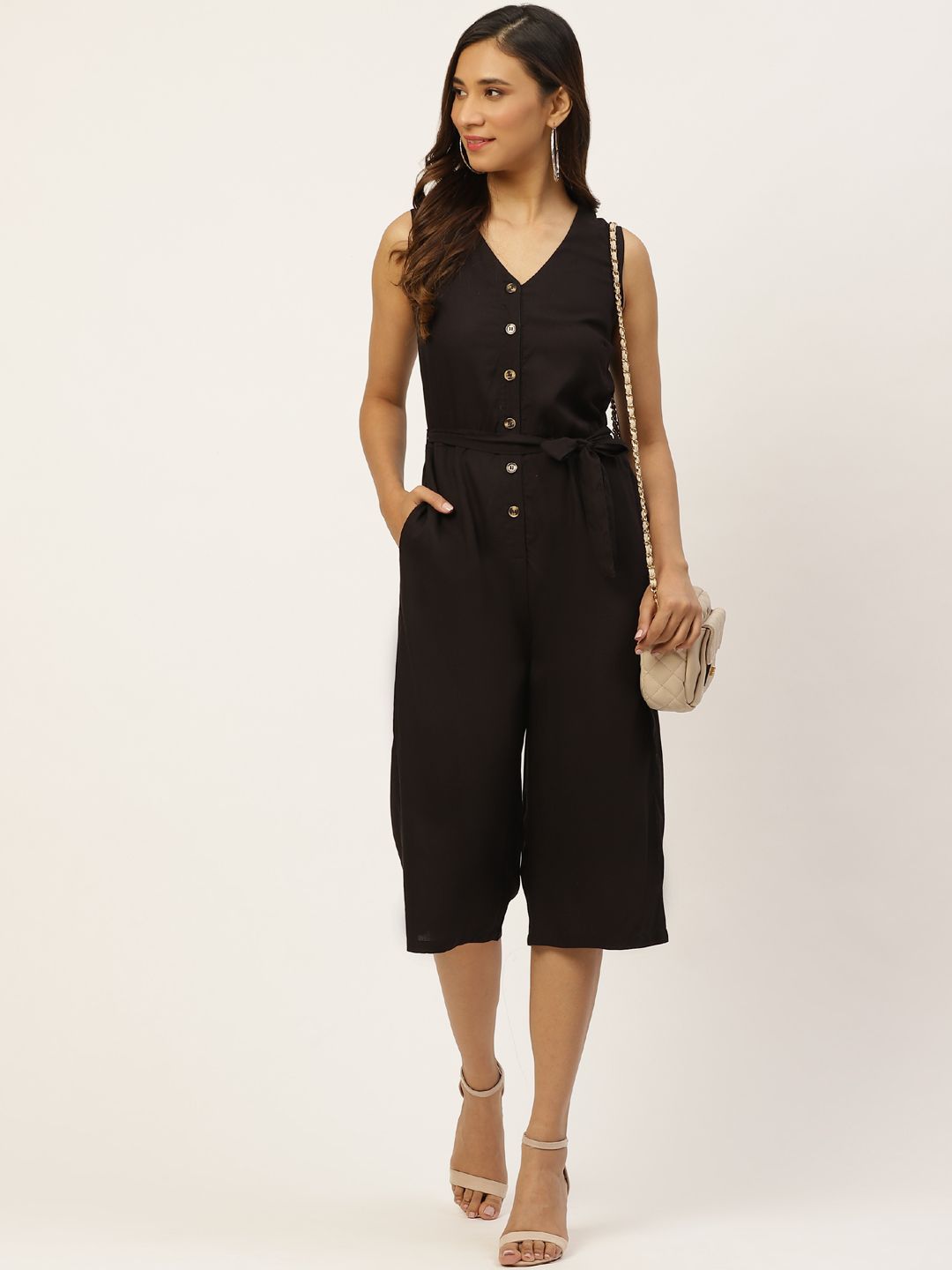 all about you Black Solid Culotte Jumpsuit Price in India