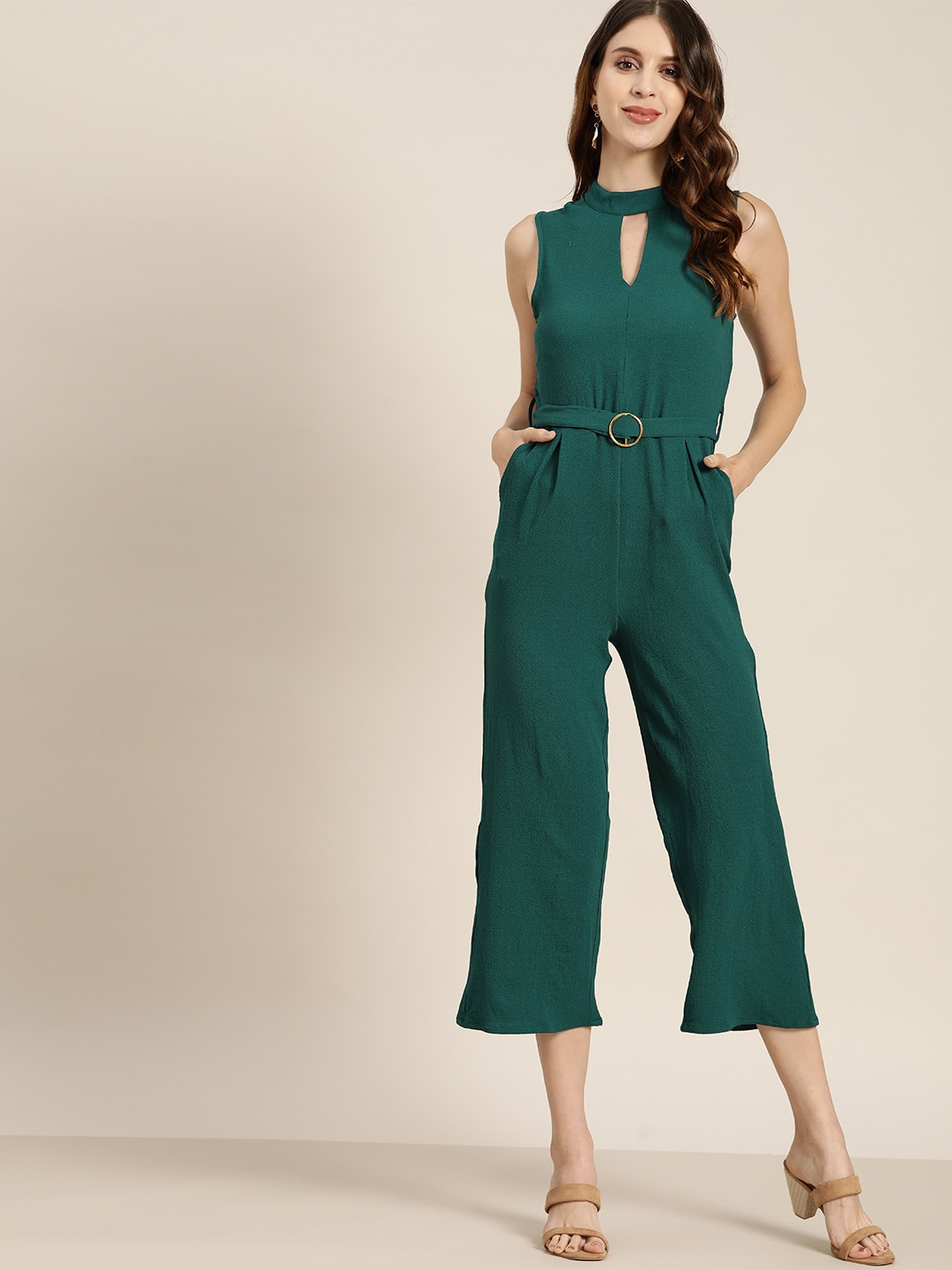 all about you Green Solid Basic Jumpsuit Comes With A Belt Price in India