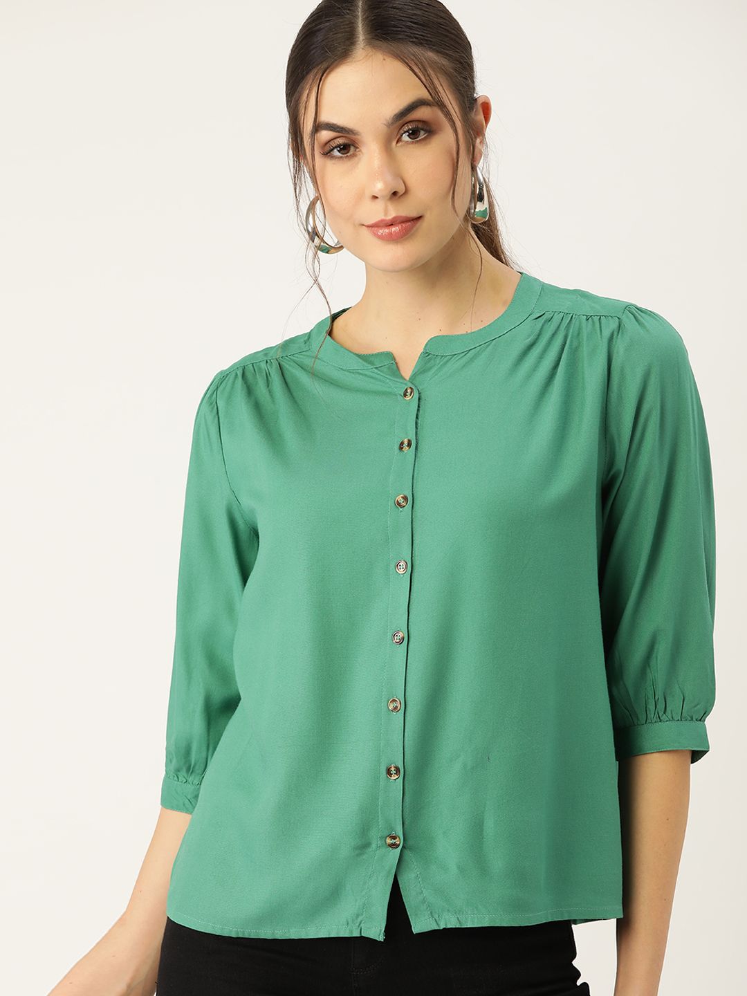 all about you Women Sea Green Regular Fit Solid Casual Shirt