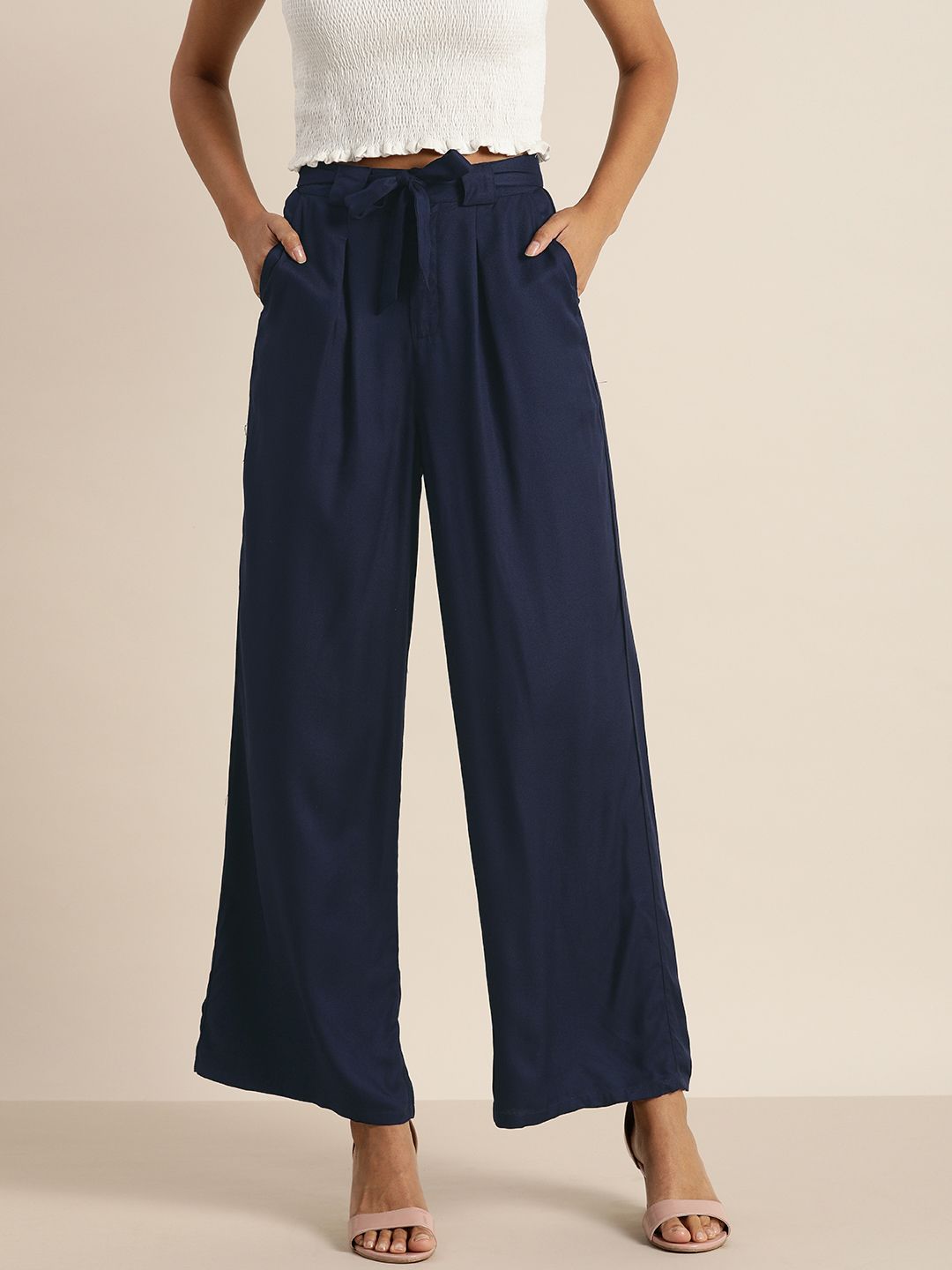 all about you Women Navy Blue Regular Fit Solid Pleated Parallel Trousers Price in India