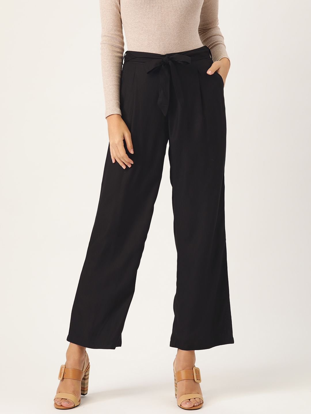 all about you Women Black Pleated Parallel Trousers Price in India
