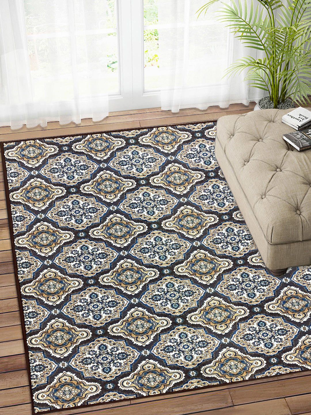 Status Blue & Beige Printed Heavy-Shaggy Anti-Skid Carpet Price in India