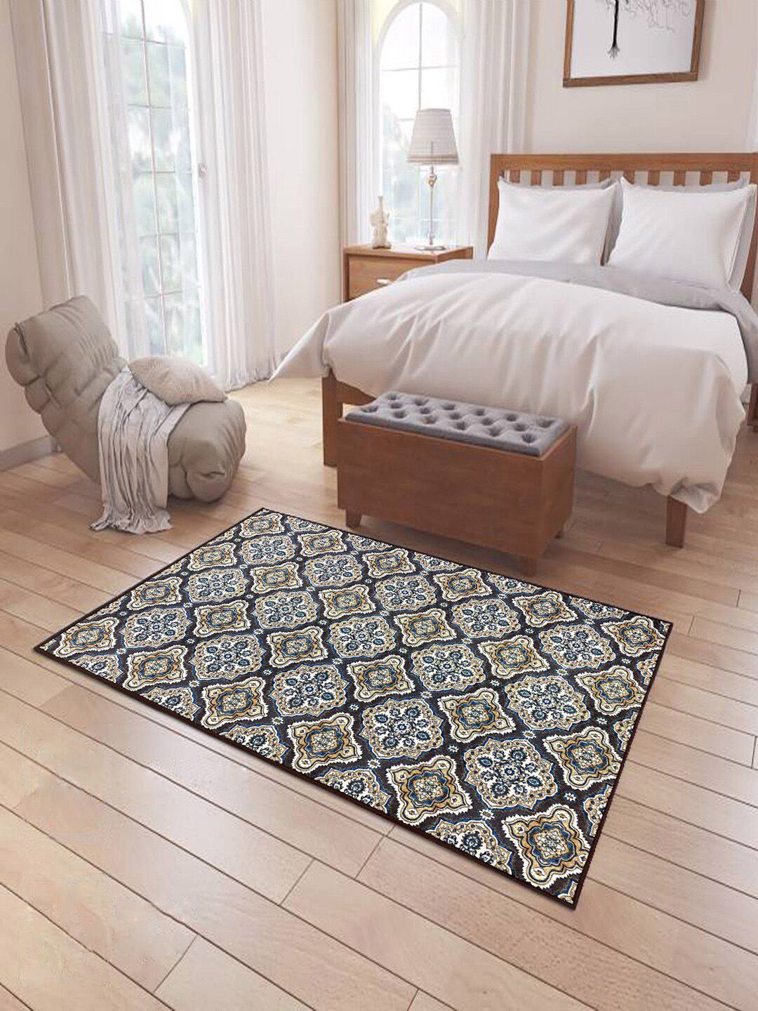 Status Unisex Blue & White Ethnic Floral Printed Anti-Skid Carpet Price in India