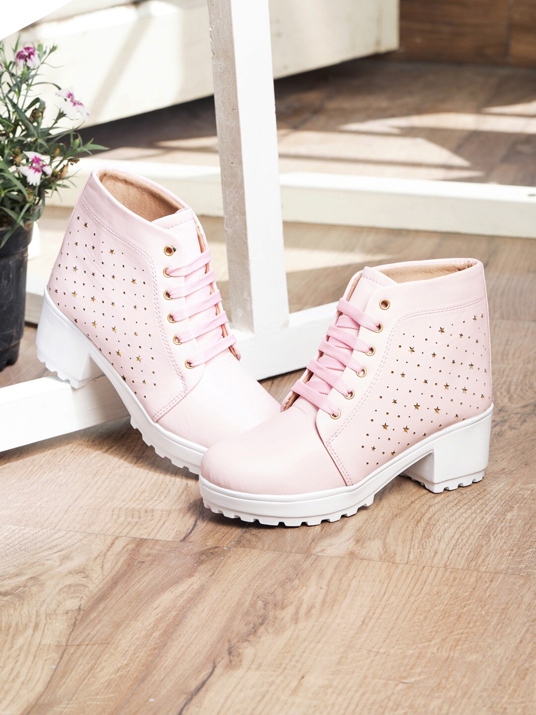LONDON STEPS Women Pink Textured Heeled Boots Price in India
