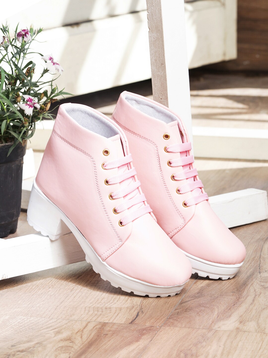 LONDON STEPS Women Pink Solid High-Top Heeled Boots Price in India