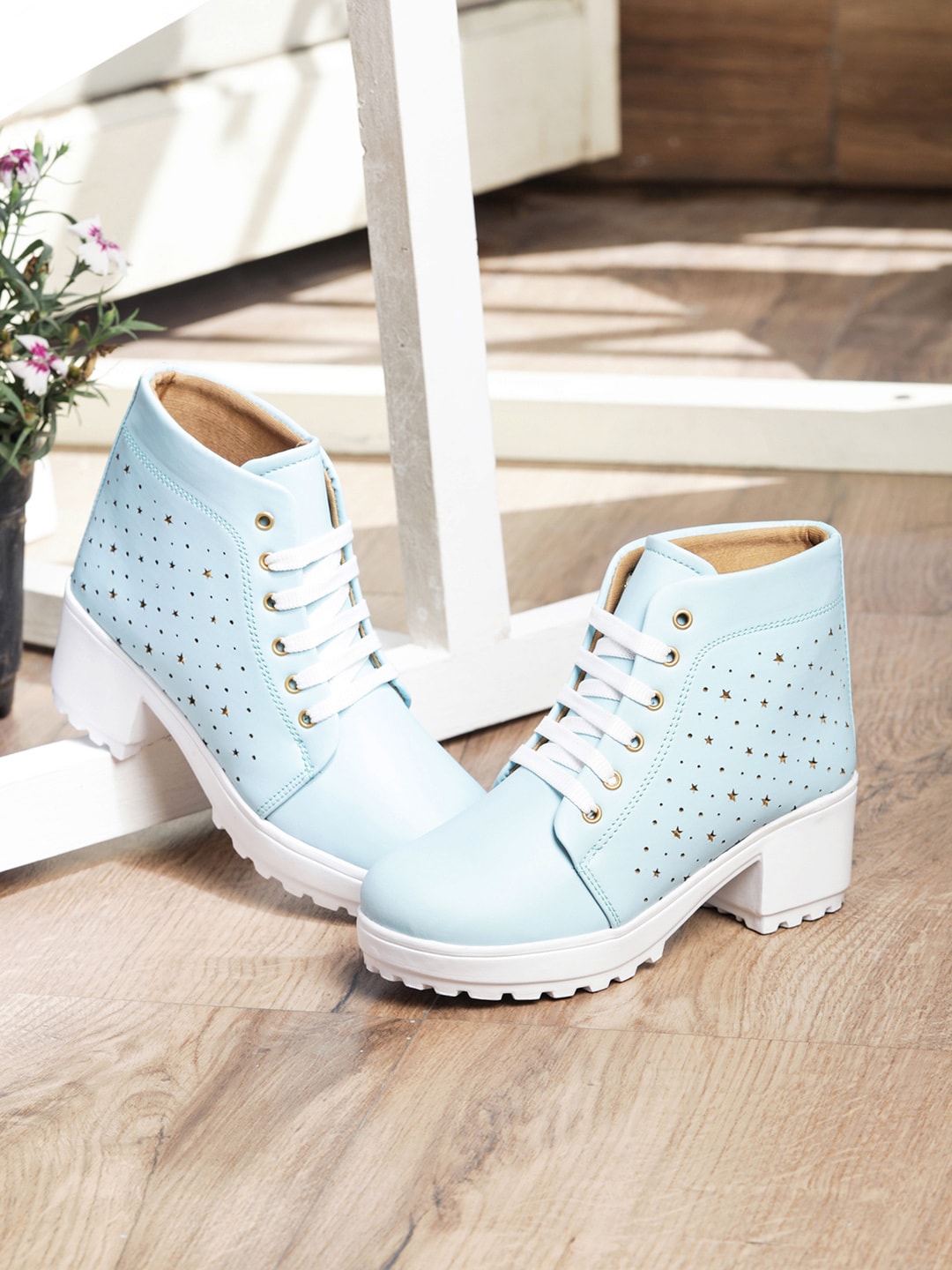 LONDON STEPS Women Turquoise Blue & White Embellished Heeled Boots Price in India