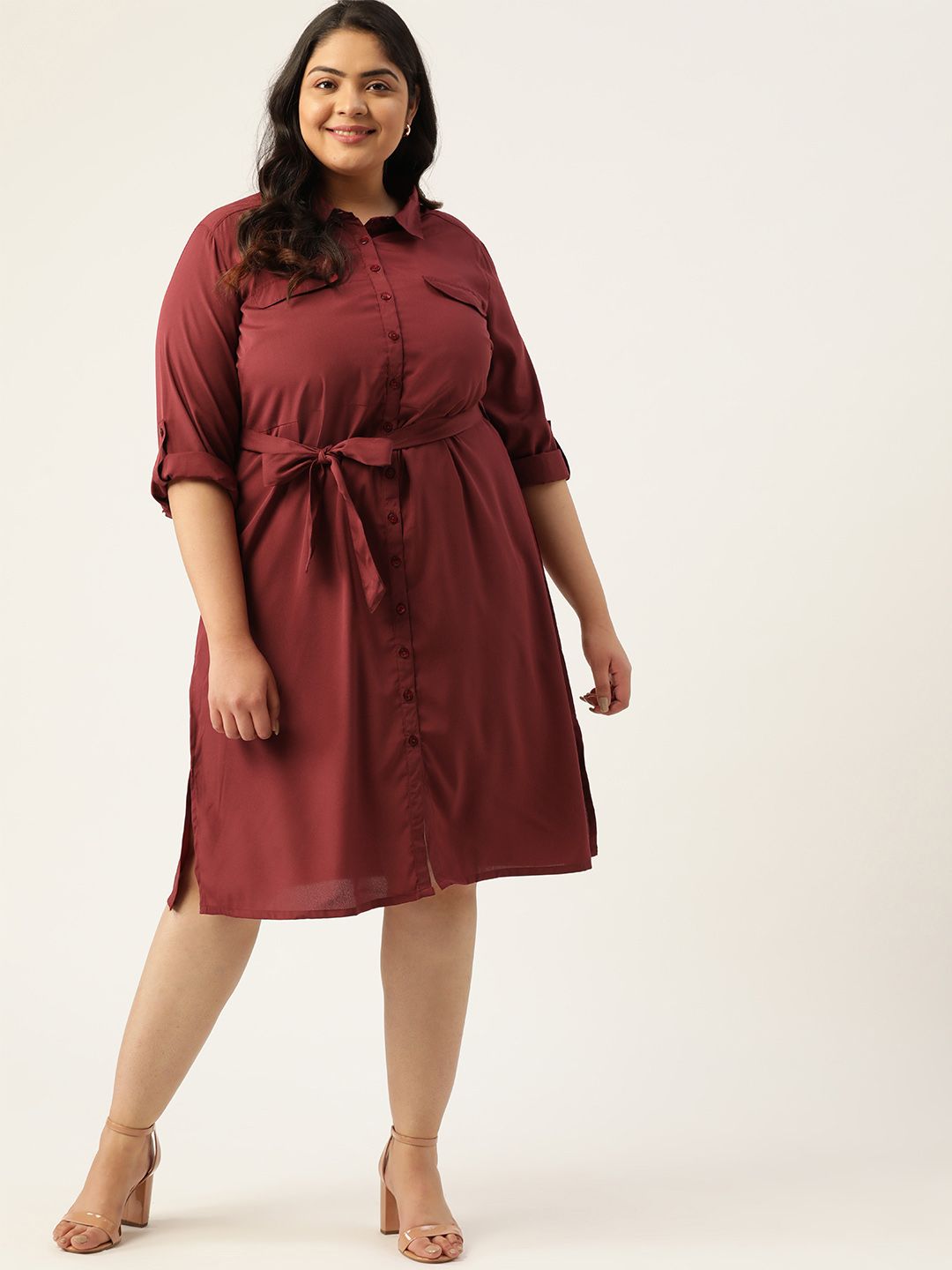 Sztori Women Plus Size Maroon Solid Shirt Dress with Belt