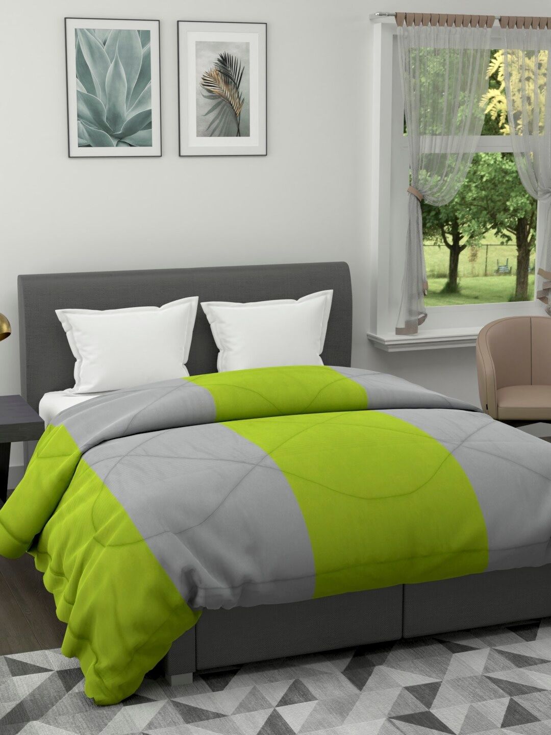 Clasiko Green & Grey Striped Mild Winter 233 GSM Double Bed Comforter Price in India