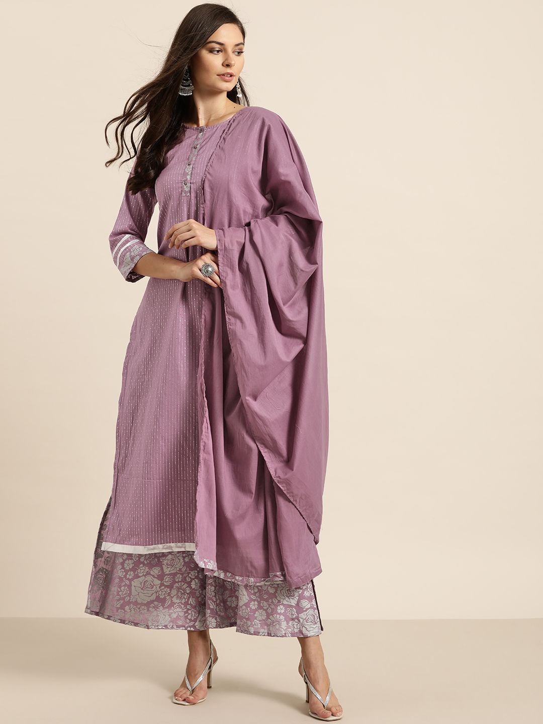 all about you Women Lavender & Silver Pure Cotton Striped Kurta with Palazzos & Dupatta