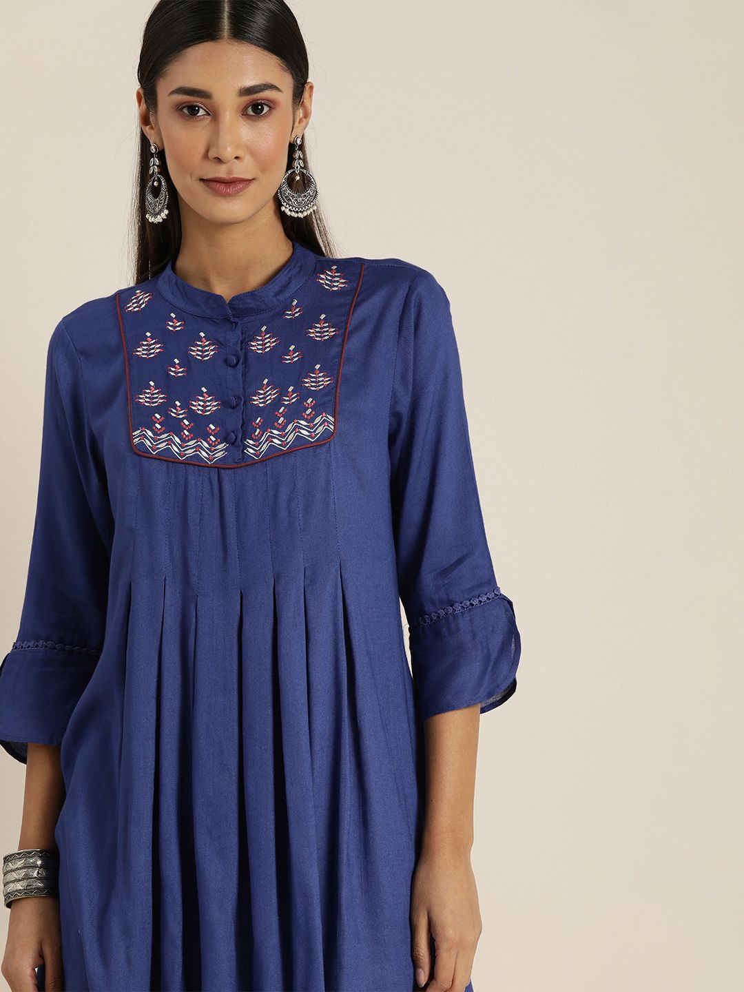 all about you Navy Blue Printed Pleated A-line Kurti Price in India