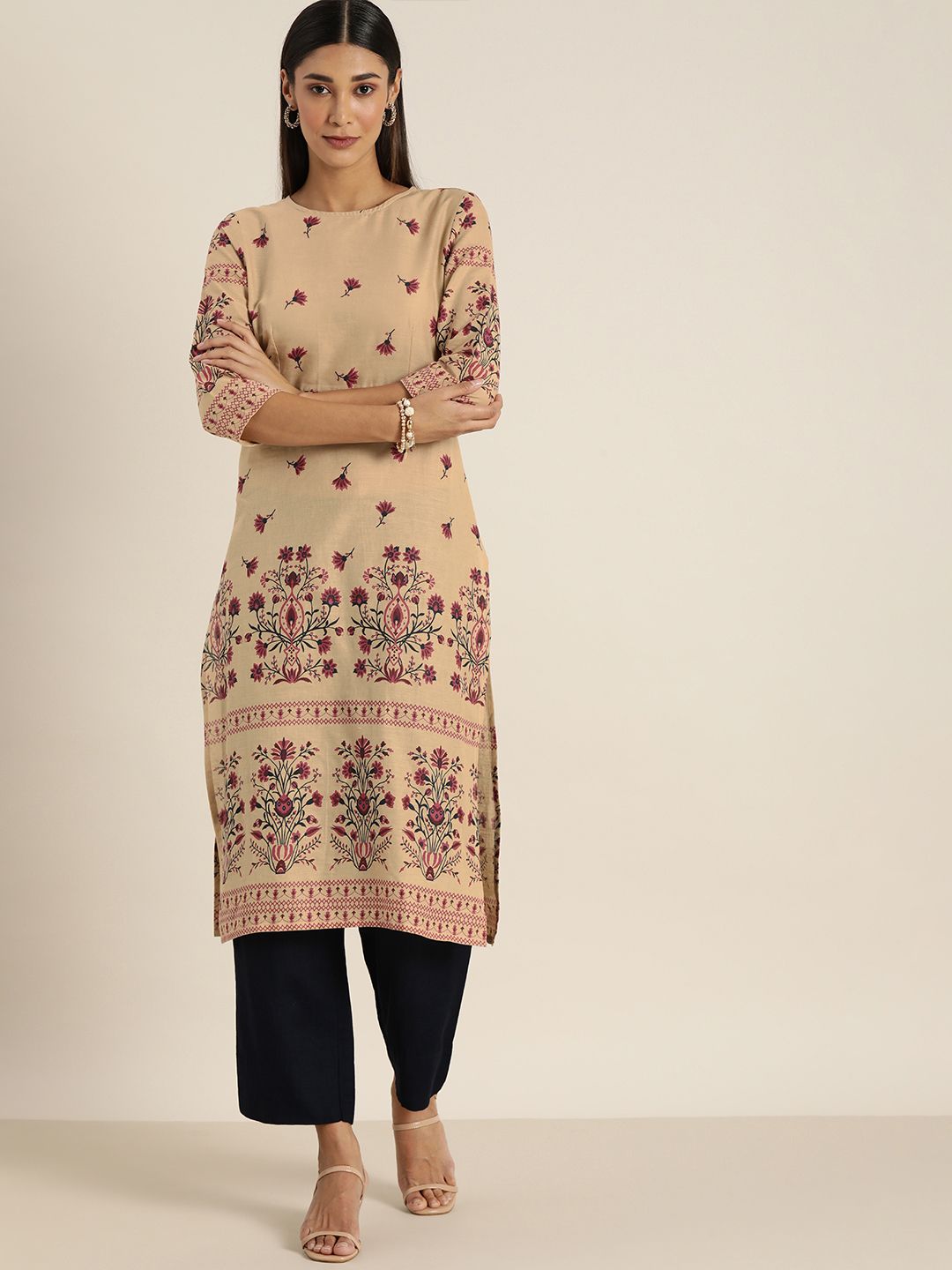 All About You Women Beige Floral Printed Pure Cotton Kurta Price in India