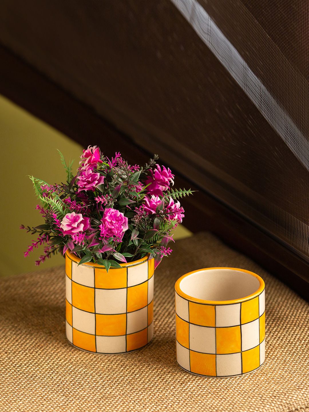 ExclusiveLane Set Of 2 Yellow & White Handpainted Ceramic Table Planter Pots Price in India