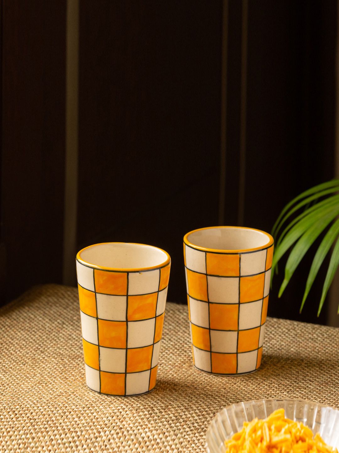 ExclusiveLane Set Of 2 Yellow & Off-White Hand Painted Ceramic Tea & Milk Glasses Price in India