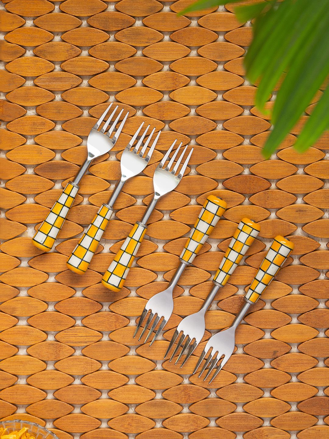 ExclusiveLane Set of 6 Yellow & White Hand-Painted Stainless Steel Table Fork Set Price in India