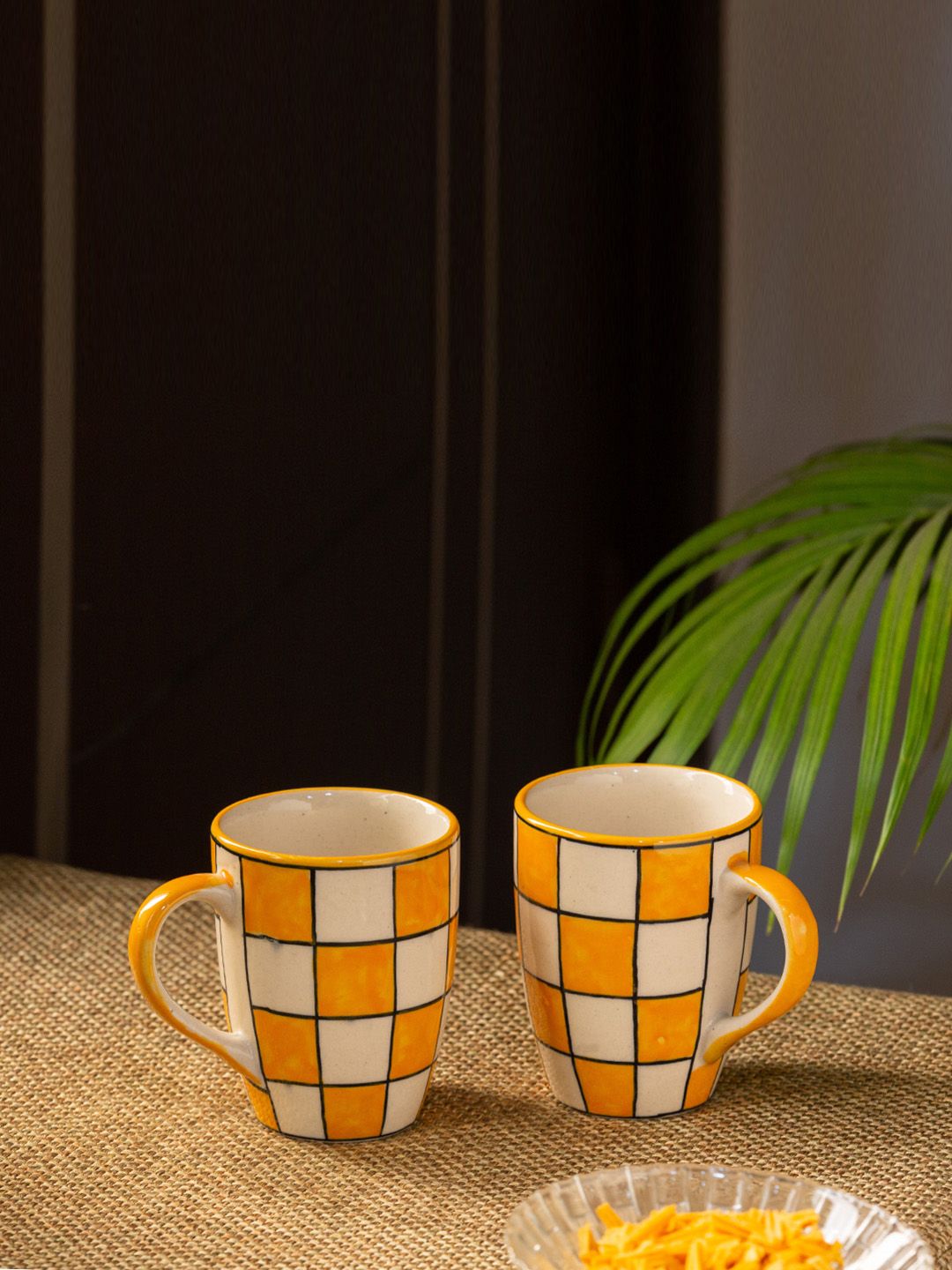 ExclusiveLane Set of 2 Yellow & White Checked Handpainted Ceramic Coffee & Tea Mugs Price in India