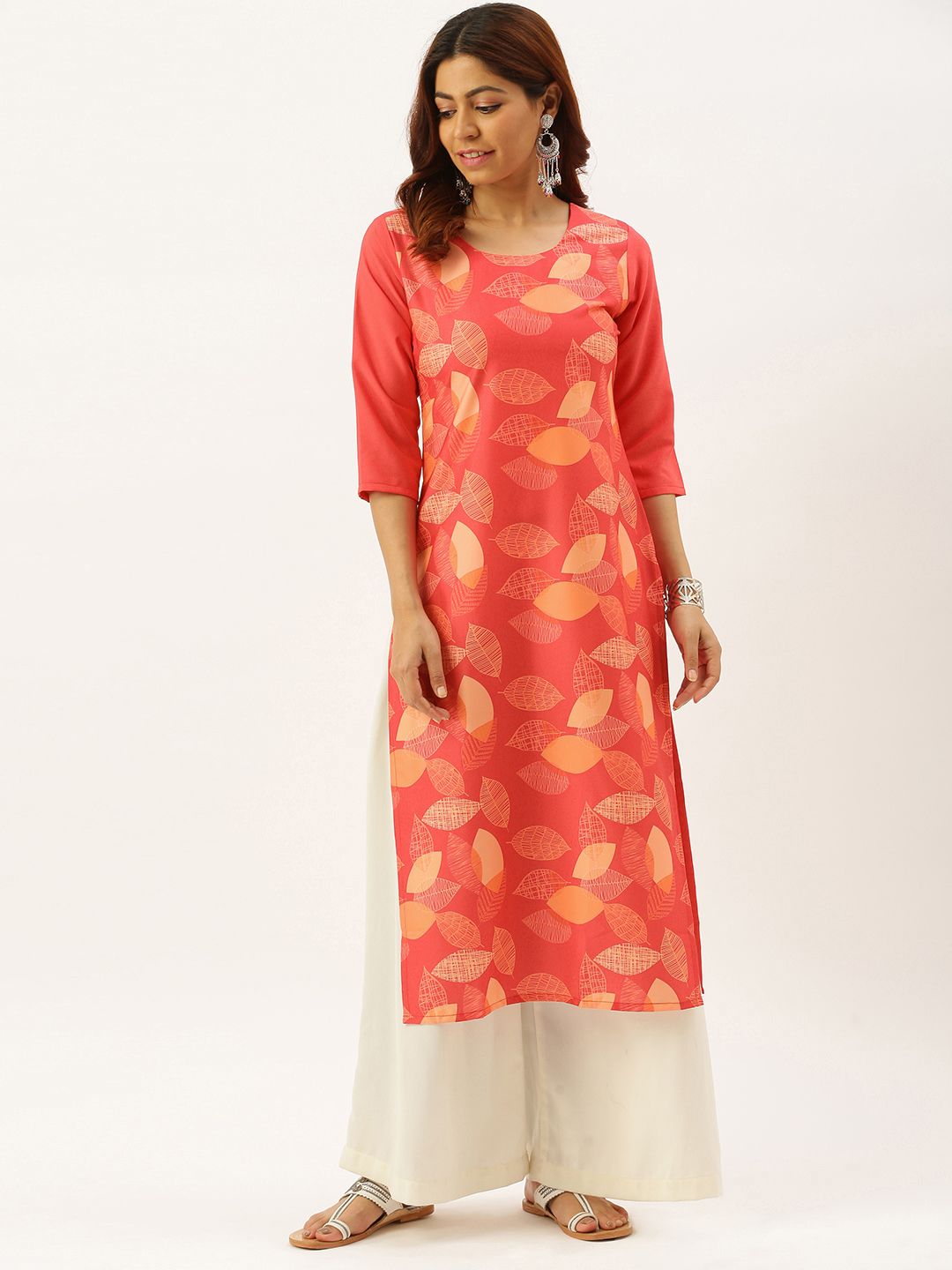 7threads Women Coral Pink & Peach-Coloured Printed Kurta