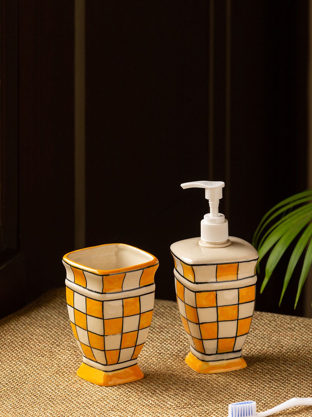 ExclusiveLane Set of 2 Yellow & White Checked Hand Painted Ceramic Bathroom Accessories Price in India