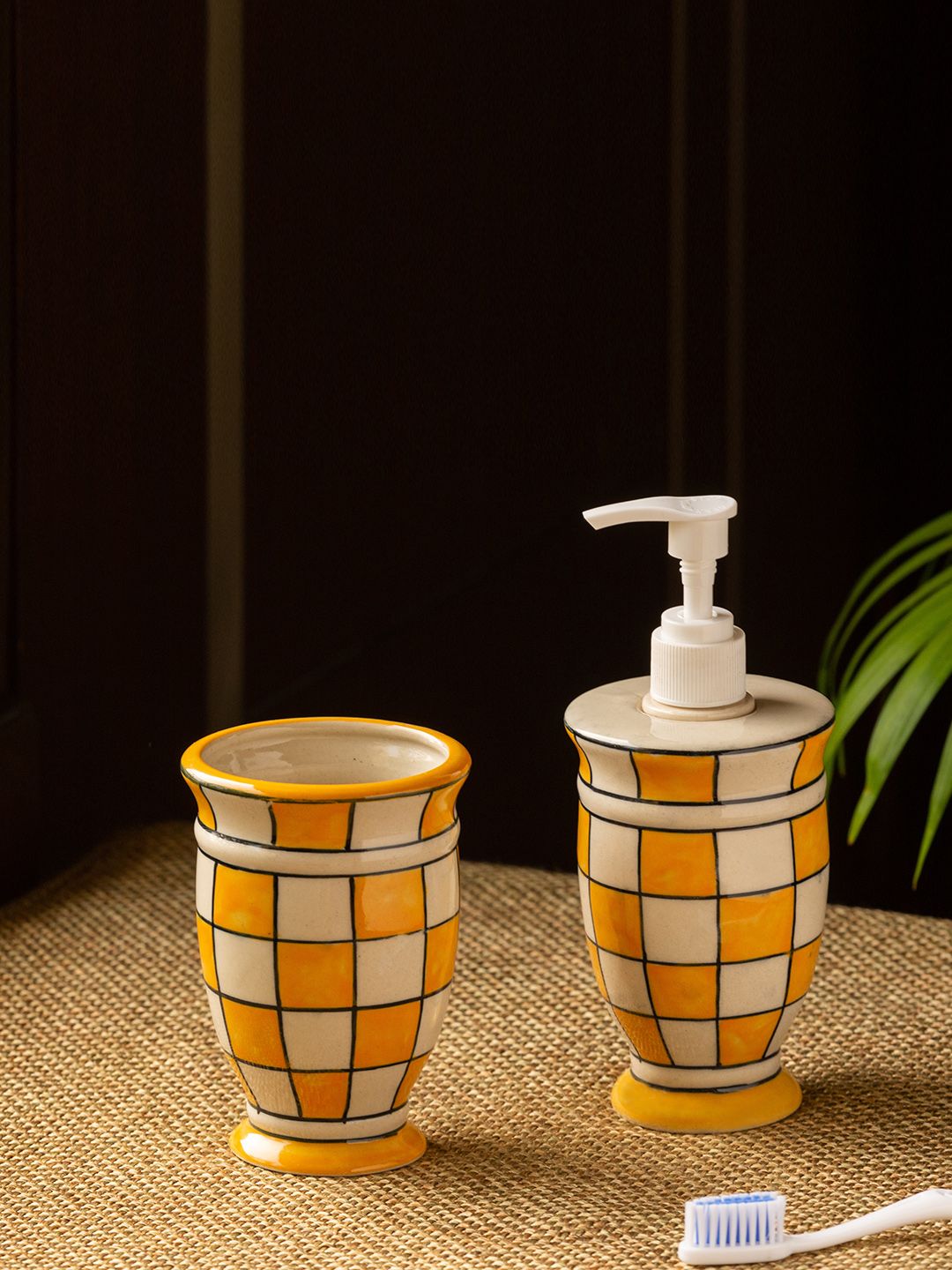 ExclusiveLane Set Of 2 Yellow & White Hand-Painted Ceramic Bath Accessory Set Price in India