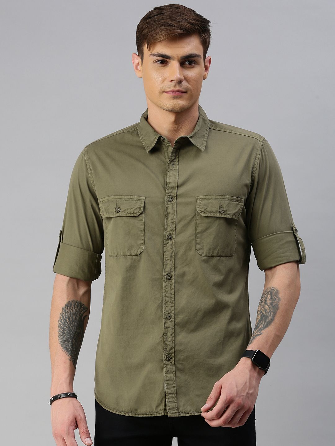 Roadster Men Olive Green Regular Fit Solid Casual Shirt