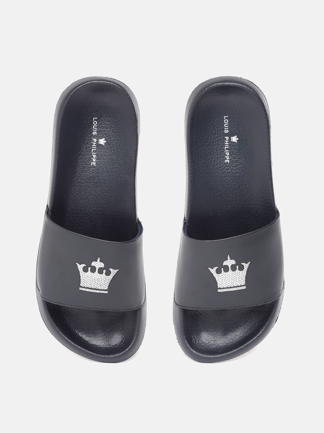 Louis Philippe Men Navy Blue u0026 Silver-Toned Brand Logo Pattern Sliders -  Price History