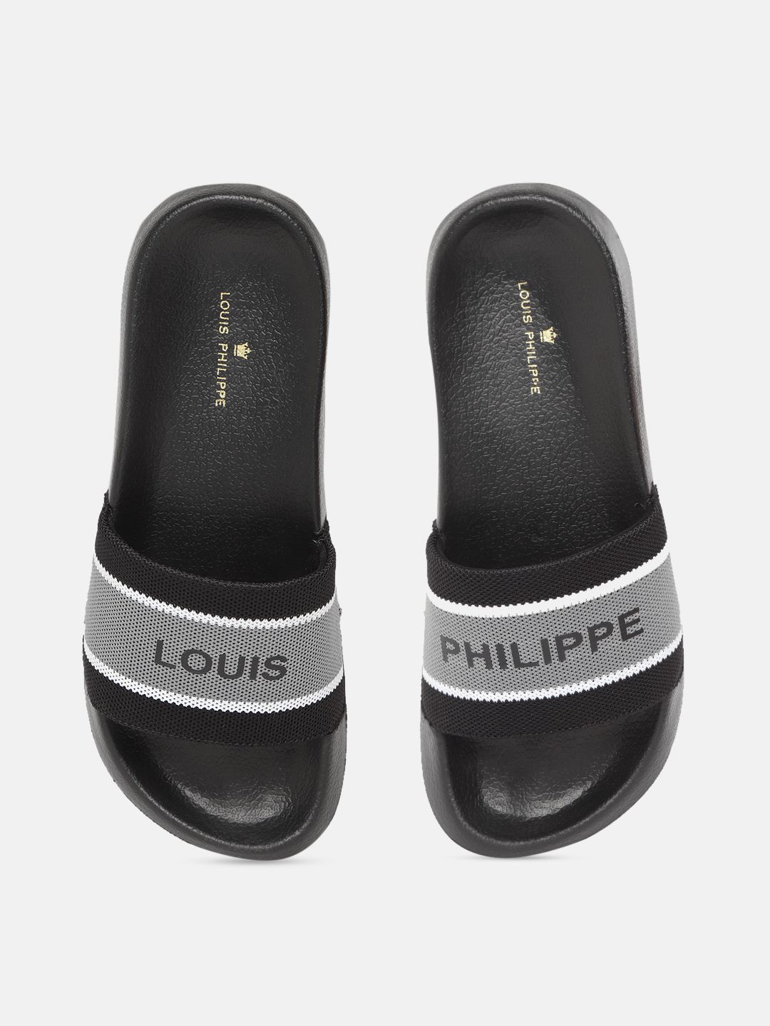 Louis Philippe Men Black & Grey Striped Sliders with Brand Logo Detail