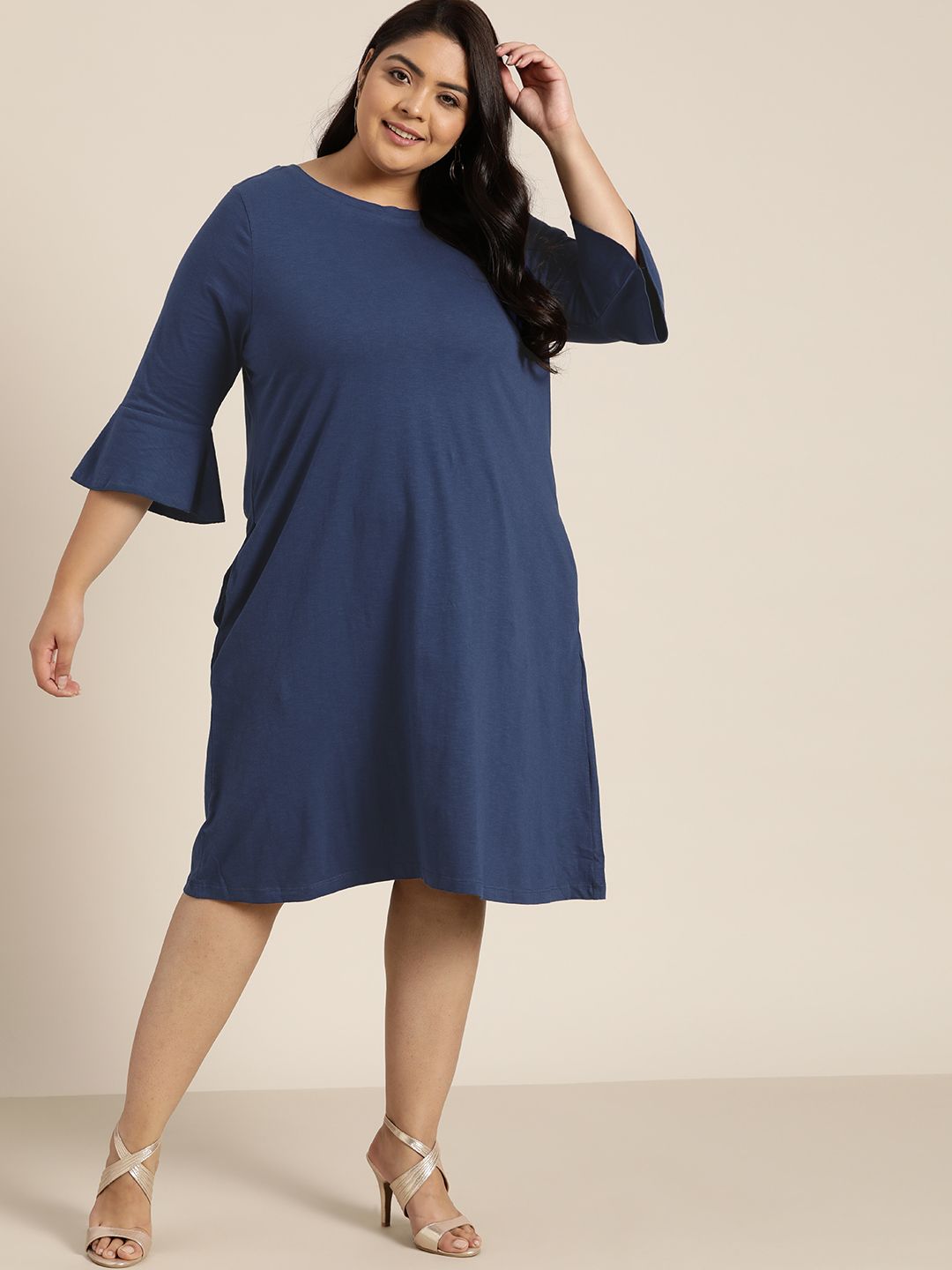 Sztori Plus Size Navy Blue Solid Cotton A-Line Midi Dress