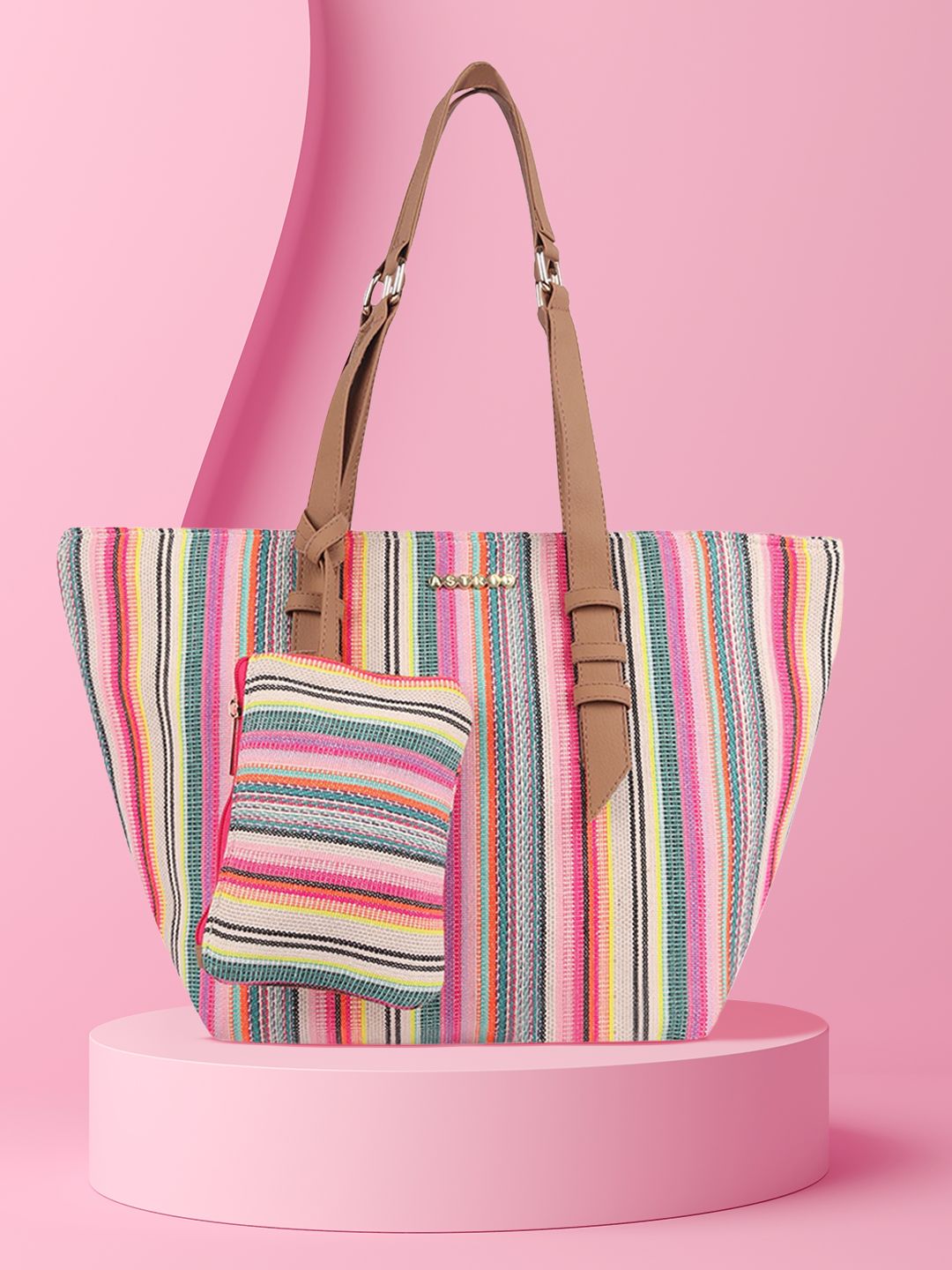 ASTRID Multicoloured Striped Tote Bag With Coin Pouch Price in India