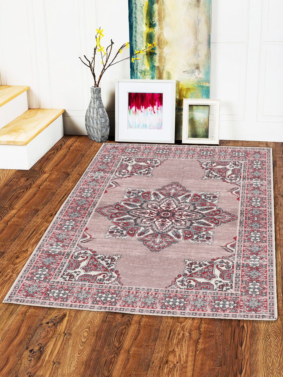 Status Mauve & White Printed Anti-Skid Carpet Price in India