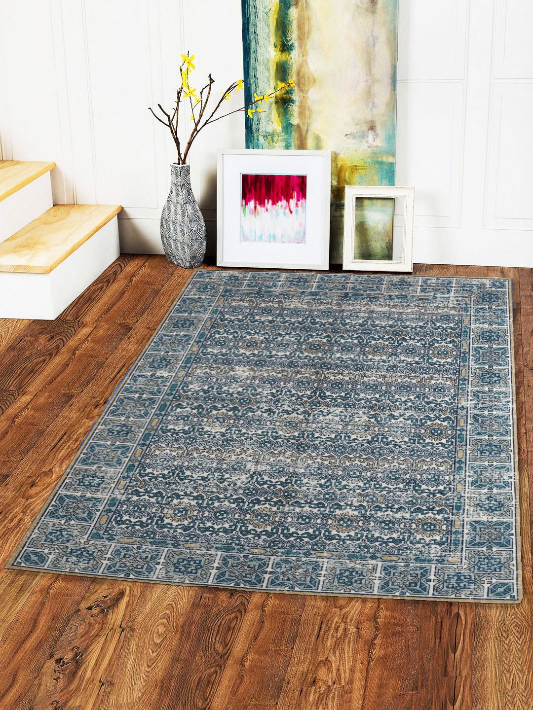 Status Blue & Beige Printed Anti-Skid Carpet Price in India