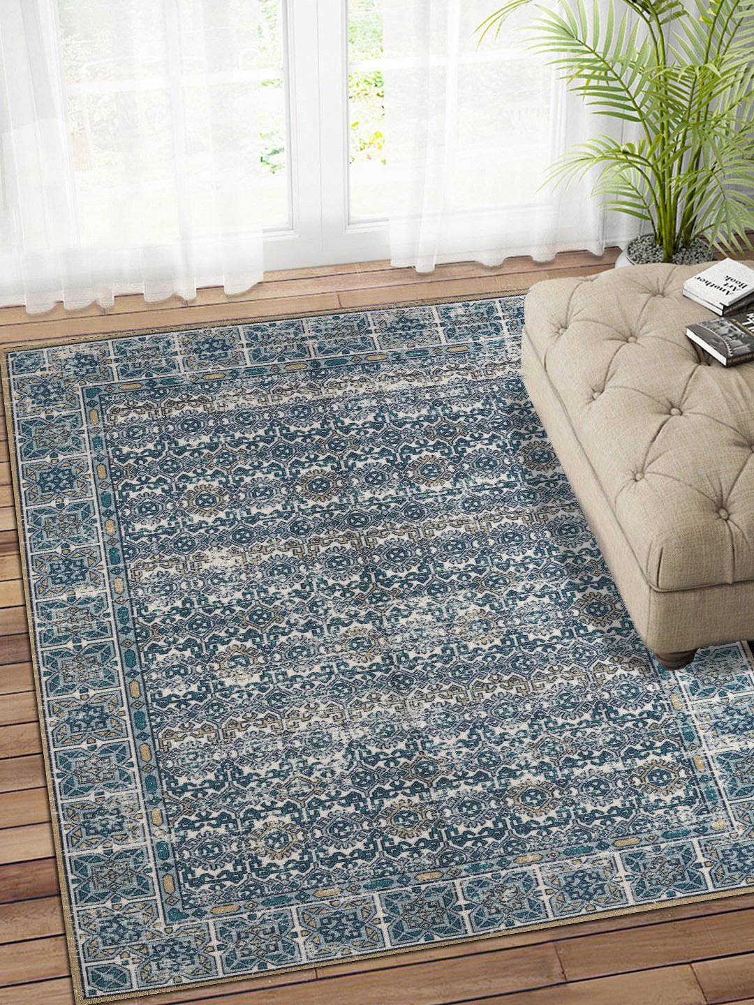 Status Blue & White Printed Anti-Skid Carpet Price in India